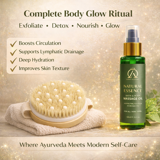 Abhyanga Body Glow Ritual Combo | Dry Brush + Natural Essence Massage Oil | Exfoliation, Lymphatic Drainage & Deep Nourishment
