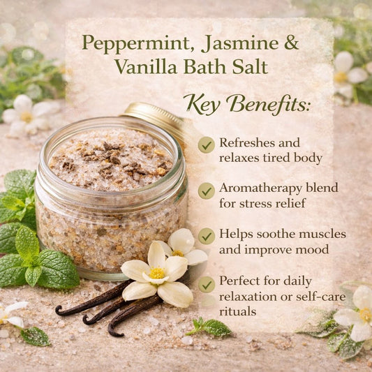Peppermint, Jasmine & Vanilla Bathing Salt | Relaxing & Refreshing Aromatherapy Bath Soak