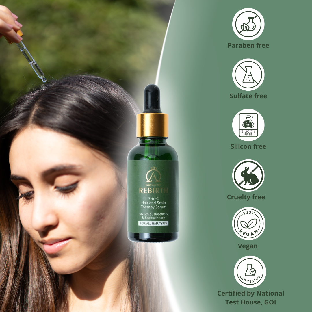 Rebirth 7-in-1 Ayurvedic Hair & Scalp Serum & Kansa Comb Set | Bakuchiol, Rosemary & Seabuckthorn | Hair Care & Scalp Massage
