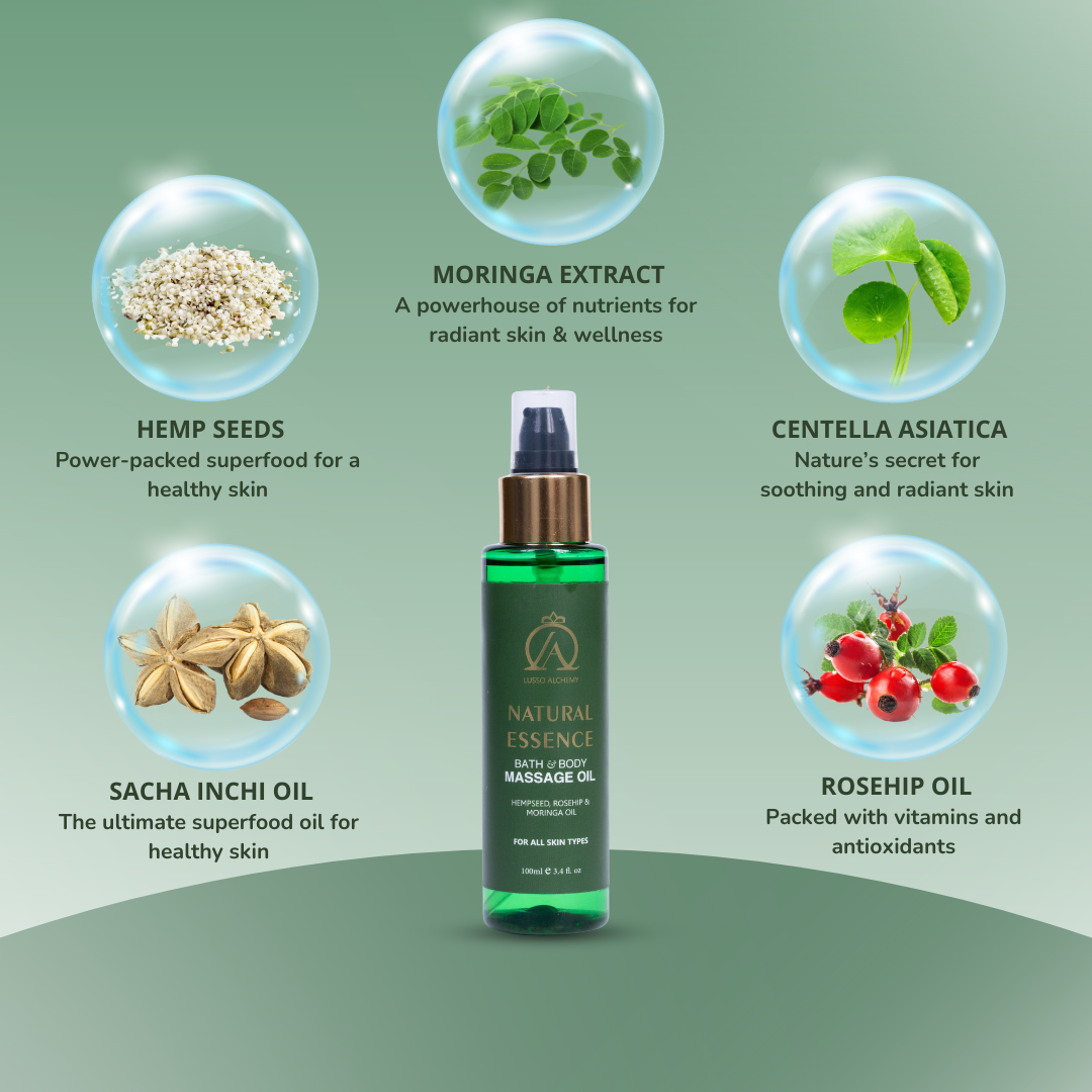 Natural Essence Ayurvedic Bath & Body Massage Oil & Kansa Wand Set | Hempseed, Rosehip & Moringa Oil | Detox & Radiance