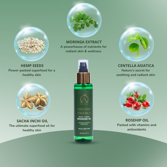Natural Essence Ayurvedic Bath & Body Massage Oil | Hempseed, Rosehip & Moringa Oil | Non-Greasy, Rejuvenating, Healthy Smooth Skin