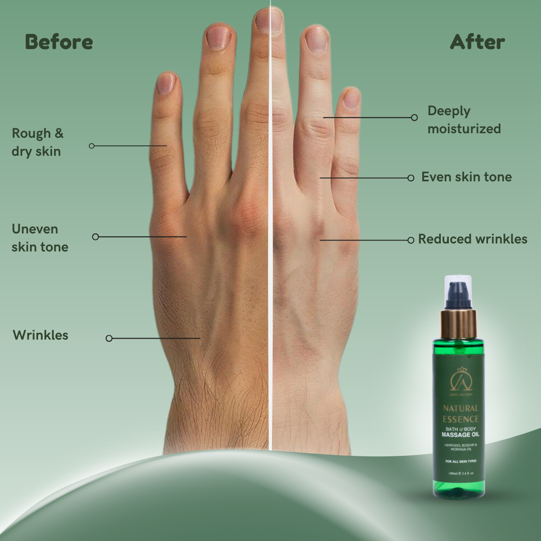 Natural Essence Ayurvedic Bath & Body Massage Oil & Kansa Wand Set | Hempseed, Rosehip & Moringa Oil | Detox & Radiance