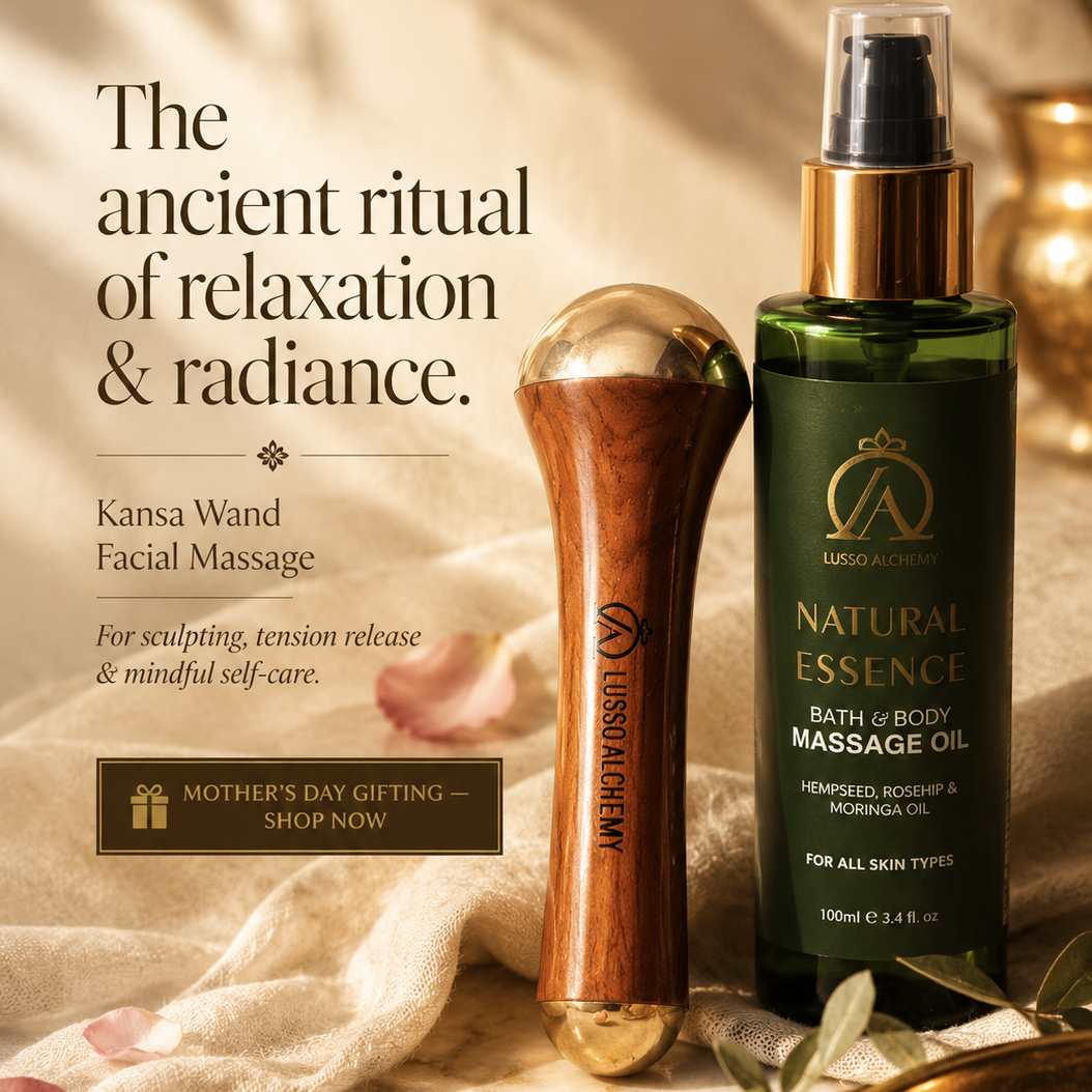 Natural Essence Ayurvedic Bath & Body Massage Oil & Kansa Wand Set | Hempseed, Rosehip & Moringa Oil | Detox & Radiance