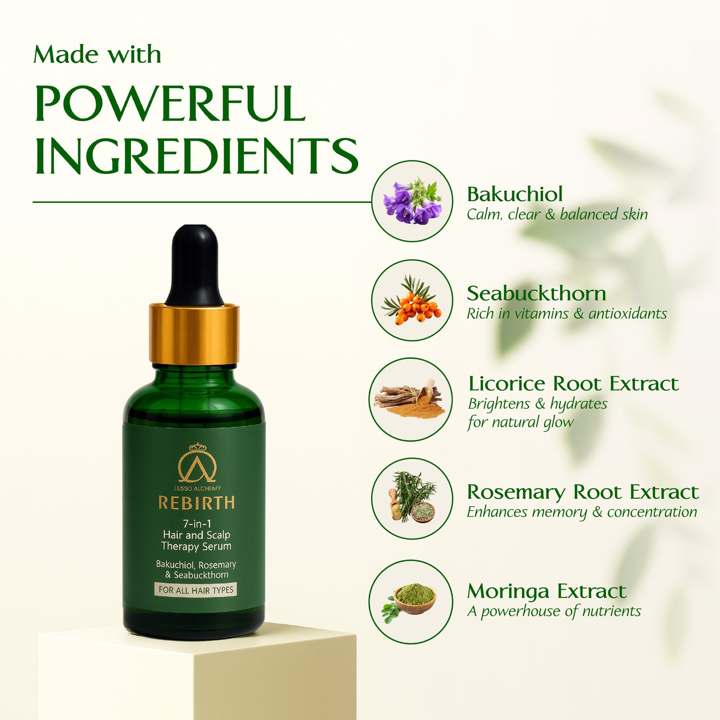 Rebirth 7-in-1 Ayurvedic Hair & Scalp Therapy Serum | Bakuchiol, Rosemary & Seabuckthorn | Non-Greasy, Deeply Nourishing, Hair Growth, Hair Fall Control