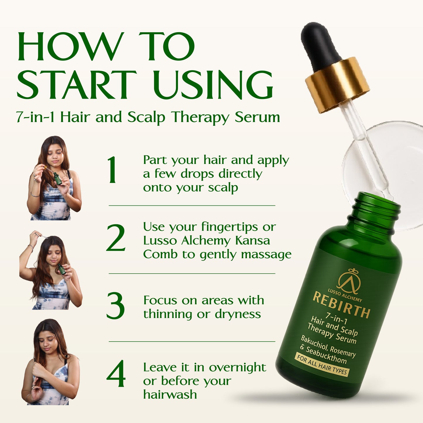 Rebirth 7-in-1 Ayurvedic Hair & Scalp Therapy Serum | Bakuchiol, Rosemary & Seabuckthorn | Non-Greasy, Deeply Nourishing, Hair Growth, Hair Fall Control