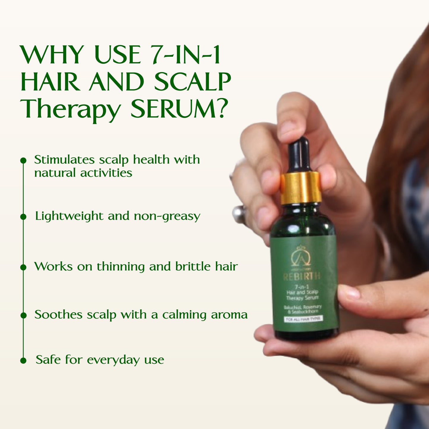 Rebirth 7-in-1 Ayurvedic Hair & Scalp Therapy Serum | Bakuchiol, Rosemary & Seabuckthorn | Non-Greasy, Deeply Nourishing, Hair Growth, Hair Fall Control