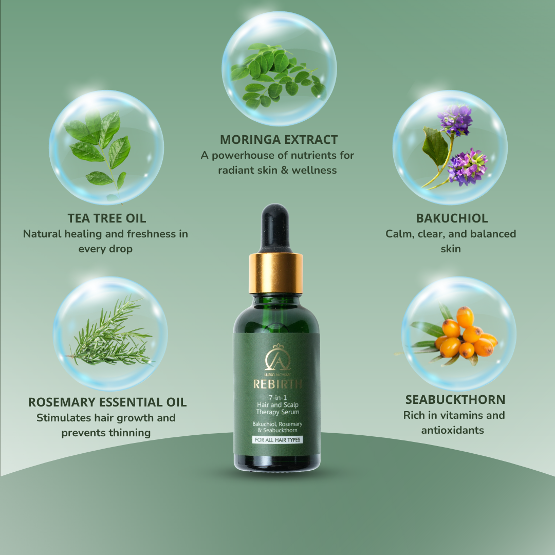 Rebirth 7-in-1 Ayurvedic Hair & Scalp Serum & Kansa Comb Set | Bakuchiol, Rosemary & Seabuckthorn | Hair Care & Scalp Massage