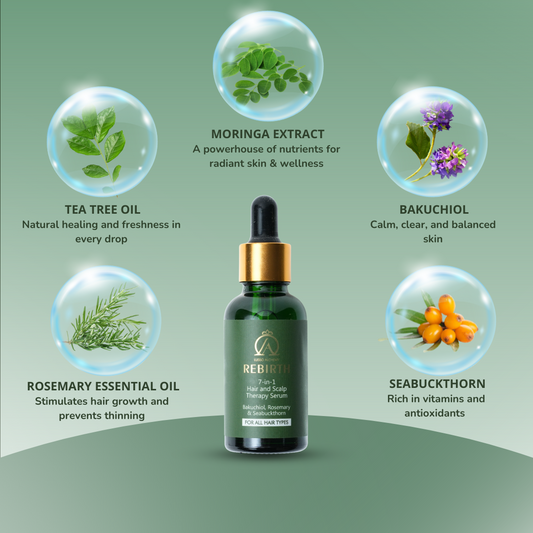 Rebirth 7-in-1 Ayurvedic Hair & Scalp Serum & Kansa Comb Set | Bakuchiol, Rosemary & Seabuckthorn | Hair Care & Scalp Massage