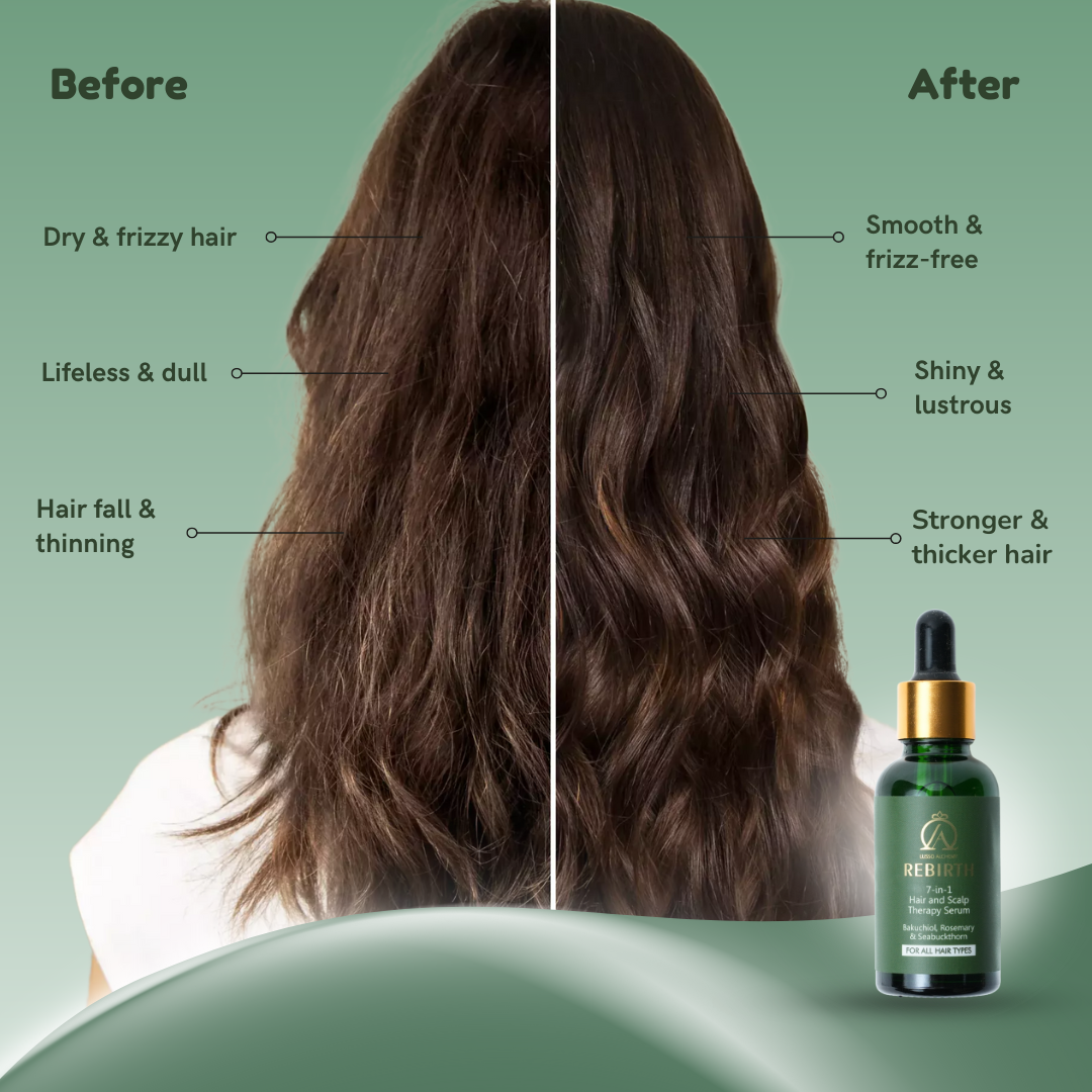 Rebirth 7-in-1 Ayurvedic Hair & Scalp Serum & Kansa Comb Set | Bakuchiol, Rosemary & Seabuckthorn | Hair Care & Scalp Massage