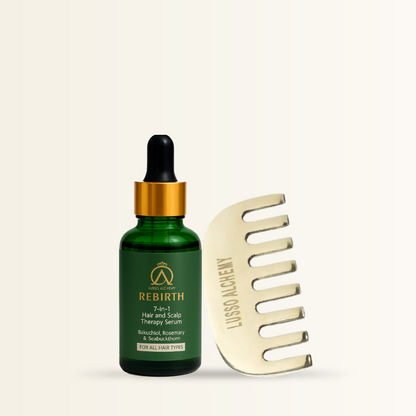 Rebirth 7-in-1 Ayurvedic Hair & Scalp Serum & Kansa Comb Set | Bakuchiol, Rosemary & Seabuckthorn | Hair Care & Scalp Massage