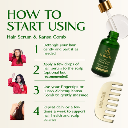 Rebirth 7-in-1 Ayurvedic Hair & Scalp Serum & Kansa Comb Set | Bakuchiol, Rosemary & Seabuckthorn | Hair Care & Scalp Massage