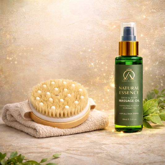Abhyanga Body Glow Ritual Combo | Dry Brush + Natural Essence Massage Oil | Exfoliation, Lymphatic Drainage & Deep Nourishment