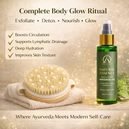 Abhyanga Body Glow Ritual Combo | Dry Brush + Natural Essence Massage Oil | Exfoliation, Lymphatic Drainage & Deep Nourishment