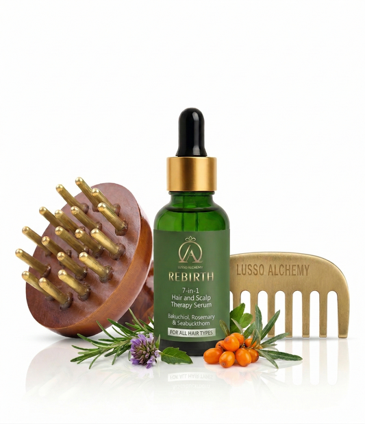 Ultimate Hair Revival Ritual – Rebirth 7-in-1 Hair Serum, Kansa Comb & Scalp Massager | Complete Scalp Care Combo