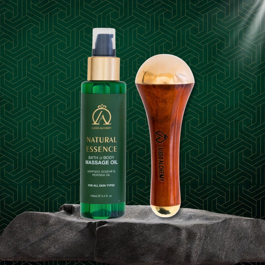 Natural Essence Ayurvedic Bath & Body Massage Oil & Kansa Wand Set | Hempseed, Rosehip & Moringa Oil | Detox & Radiance