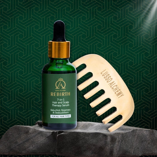 Rebirth 7-in-1 Ayurvedic Hair & Scalp Serum & Kansa Comb Set | Bakuchiol, Rosemary & Seabuckthorn | Hair Care & Scalp Massage