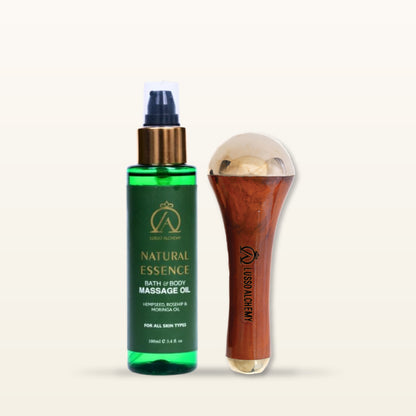 Natural Essence Ayurvedic Bath & Body Massage Oil & Kansa Wand Set | Hempseed, Rosehip & Moringa Oil | Detox & Radiance