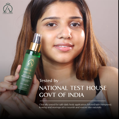 Natural Essence Ayurvedic Bath & Body Massage Oil & Kansa Wand Set | Hempseed, Rosehip & Moringa Oil | Detox & Radiance