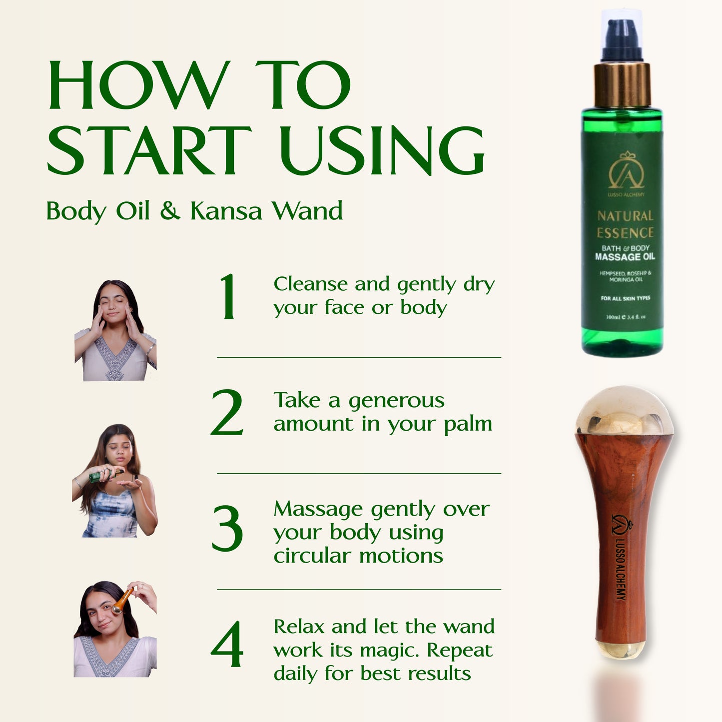 Natural Essence Bath & Body Massage Oil & Kansa Wand Set
