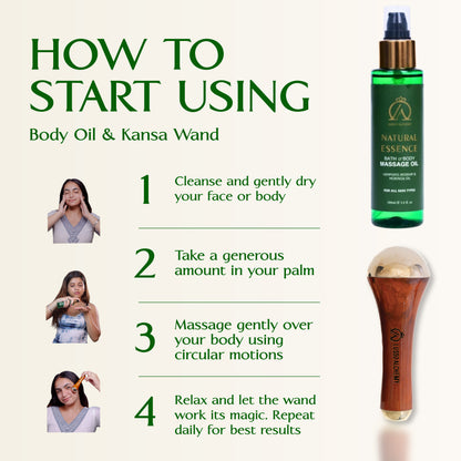 Natural Essence Ayurvedic Bath & Body Massage Oil & Kansa Wand Set | Hempseed, Rosehip & Moringa Oil | Detox & Radiance
